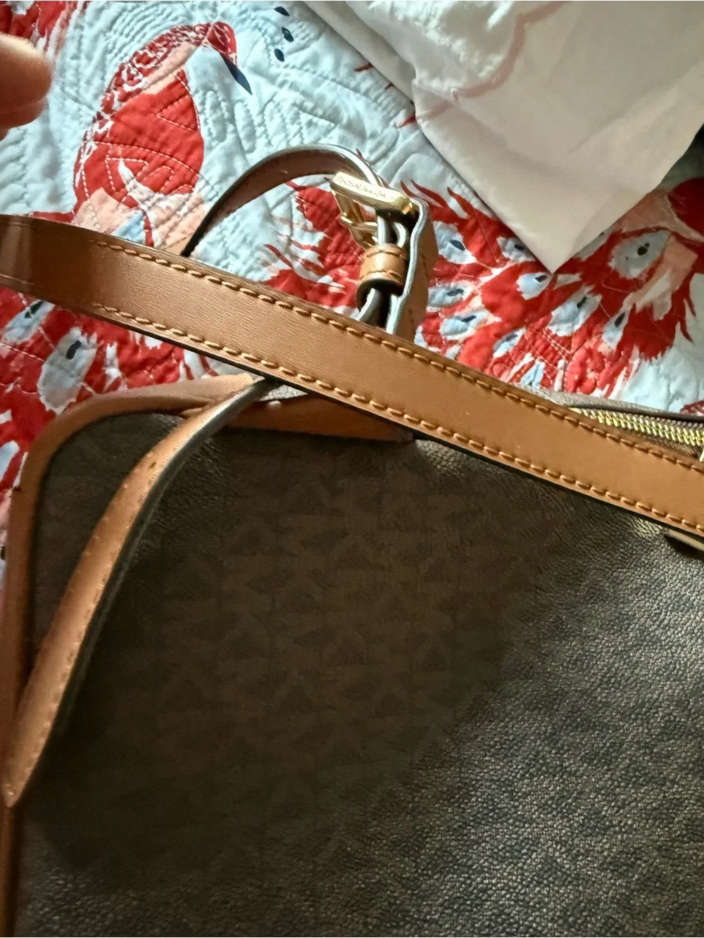 Michael Kors Brown Signature Backpack with Blue-Striped Wallet
